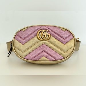 Gucci Metallic Gold and Pink Matelassé Marmont Belt Bag 75/30